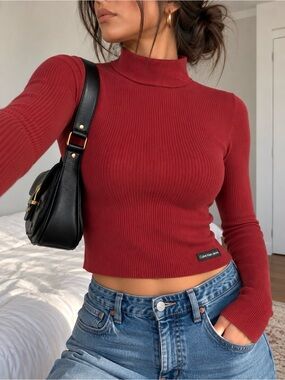 Calvin Klein Jeans Burgundy Ribbed Cropped Turtleneck Sweater XS EUC